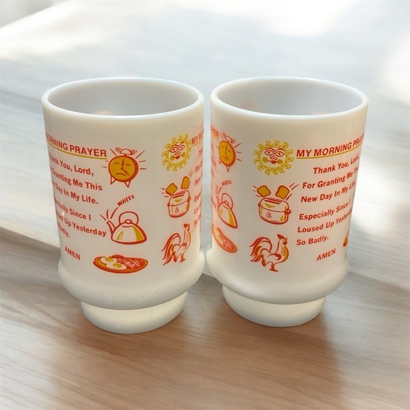 Vintage Set of 2 Milk Glass My Morning Prayer Pedestal Coffee Mugs Retro Funny - Picture 3 of 6